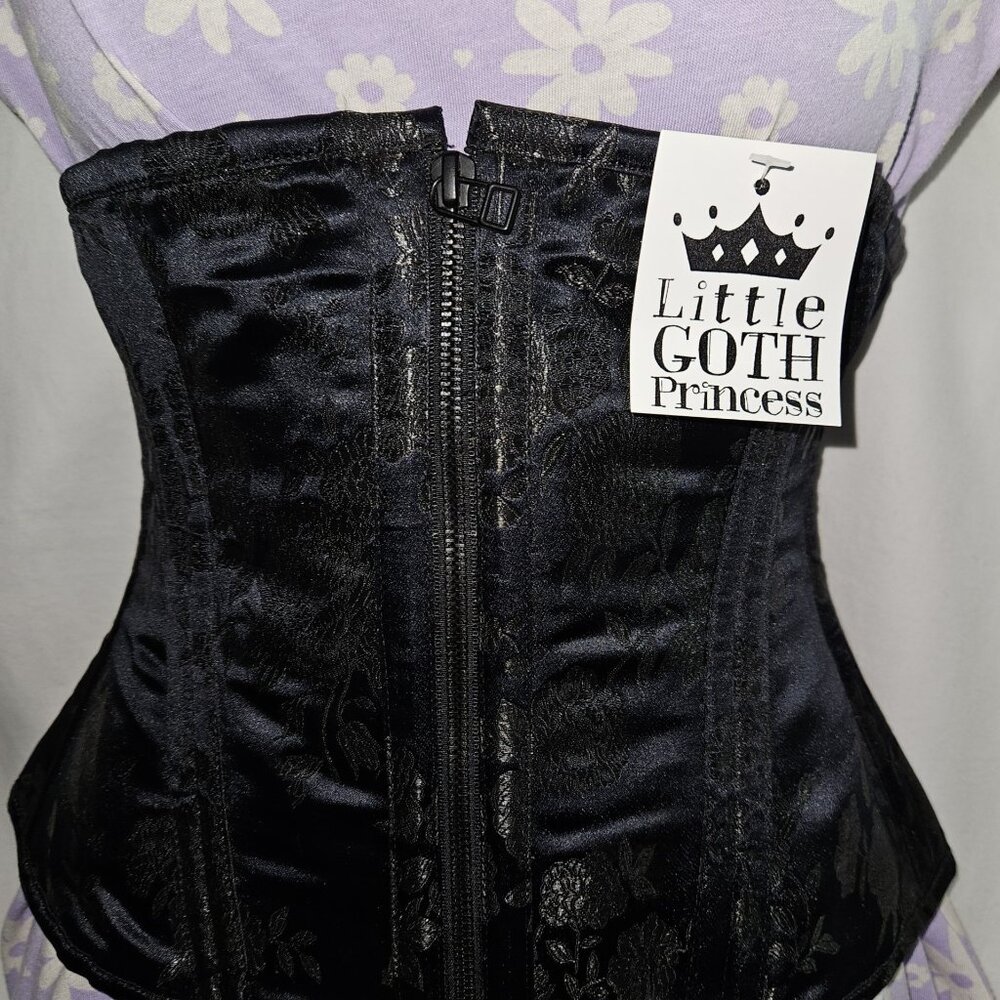 NWT LAST S/24" 1022 BLACK SILK GOTH PUNK STEEL BONED WAIST TRAINING ZIP CORSET